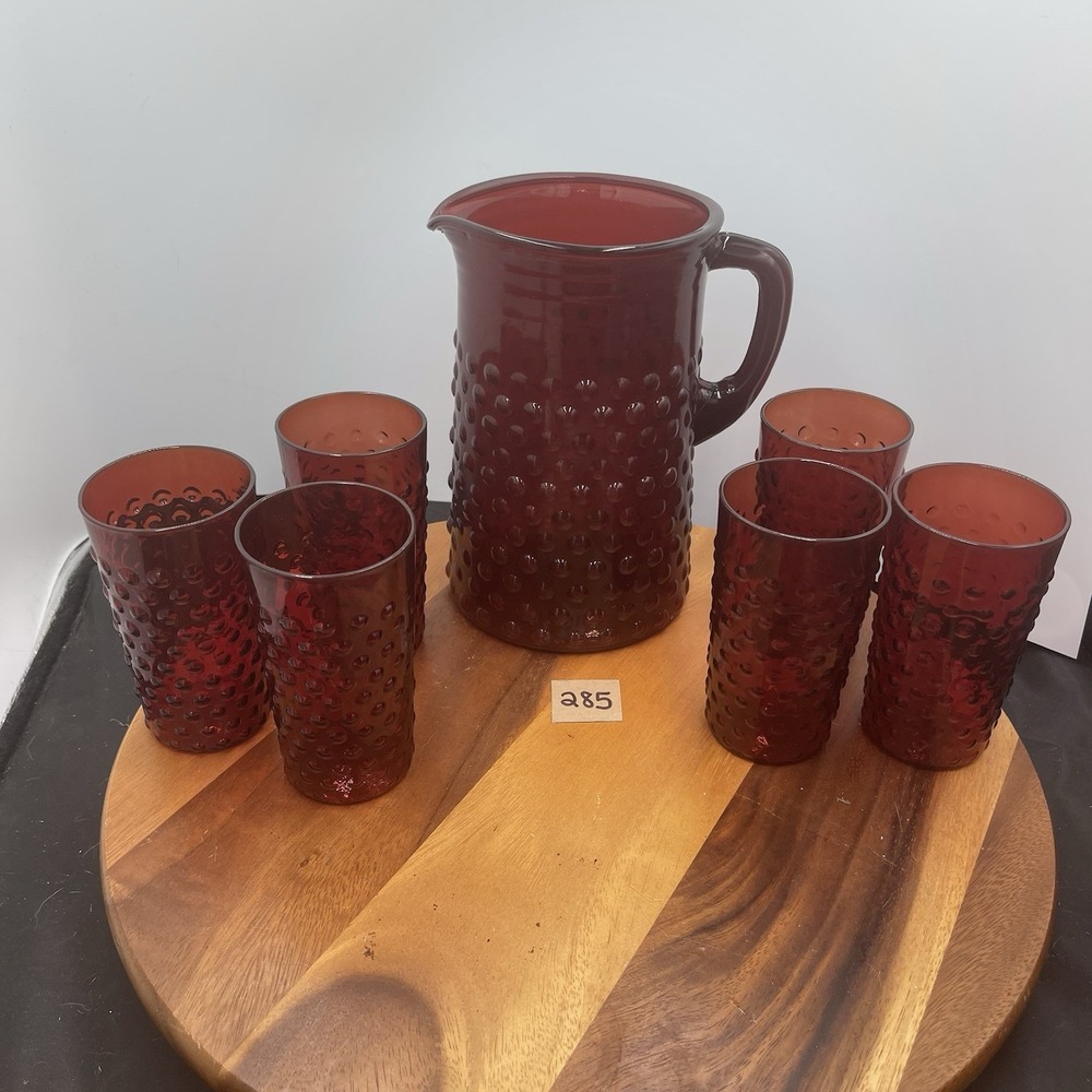 MCM Anchor‎ Hocking Ruby Red Pitcher&6glasses